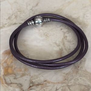 Pandora Smooth Triple Wrap Purple Leather & Sterling Silver Bracelet - 24” Rare